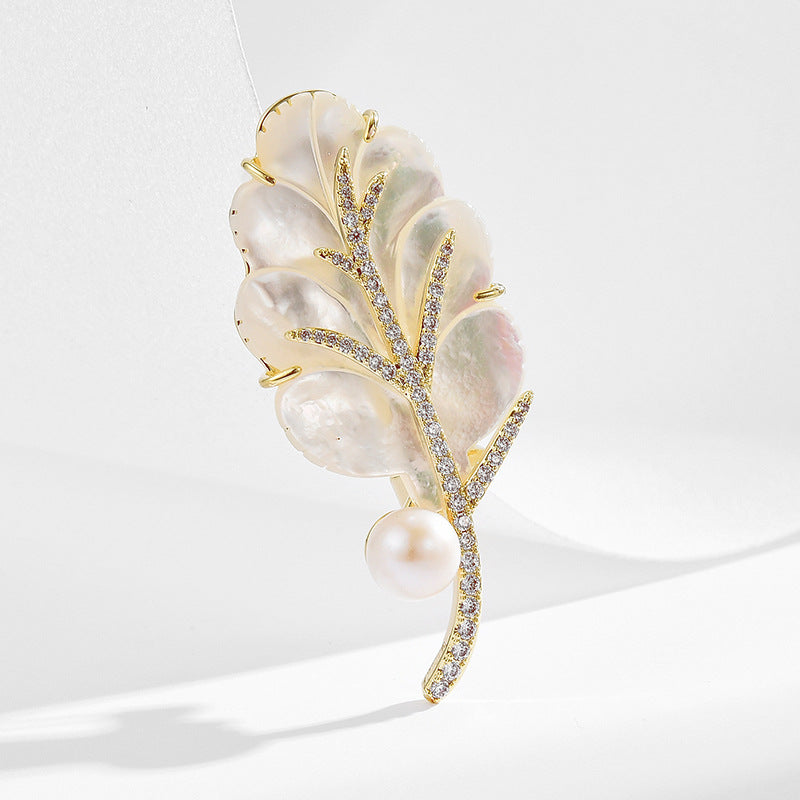 Genuine Pearl Mother-of-pearl jade leaves Brooch