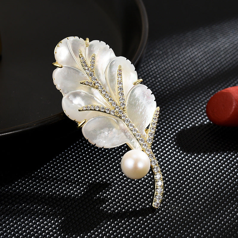 Genuine Pearl Mother-of-pearl jade leaves Brooch