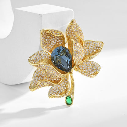 Blue Crystal Golden Petal Brooch