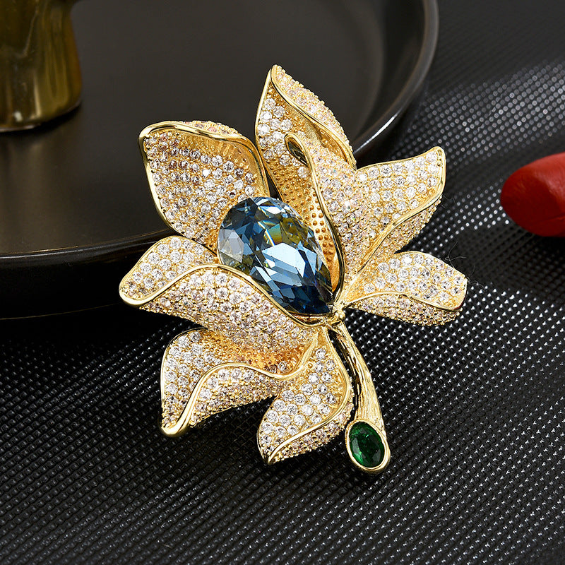 Blue Crystal Golden Petal Brooch