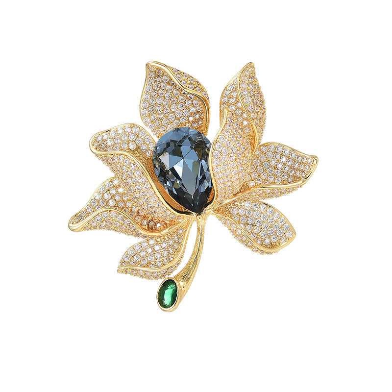 Blue Crystal Golden Petal Brooch