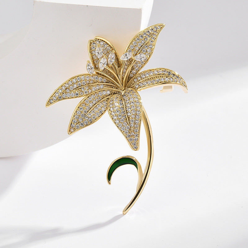 Zircon Gold Lily Flower Brooch