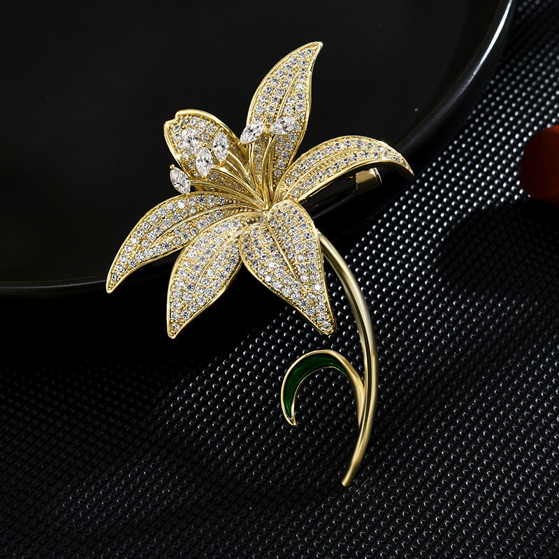 Zircon Gold Lily Flower Brooch