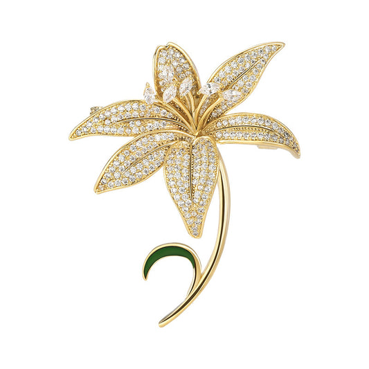 Zircon Gold Lily Flower Brooch