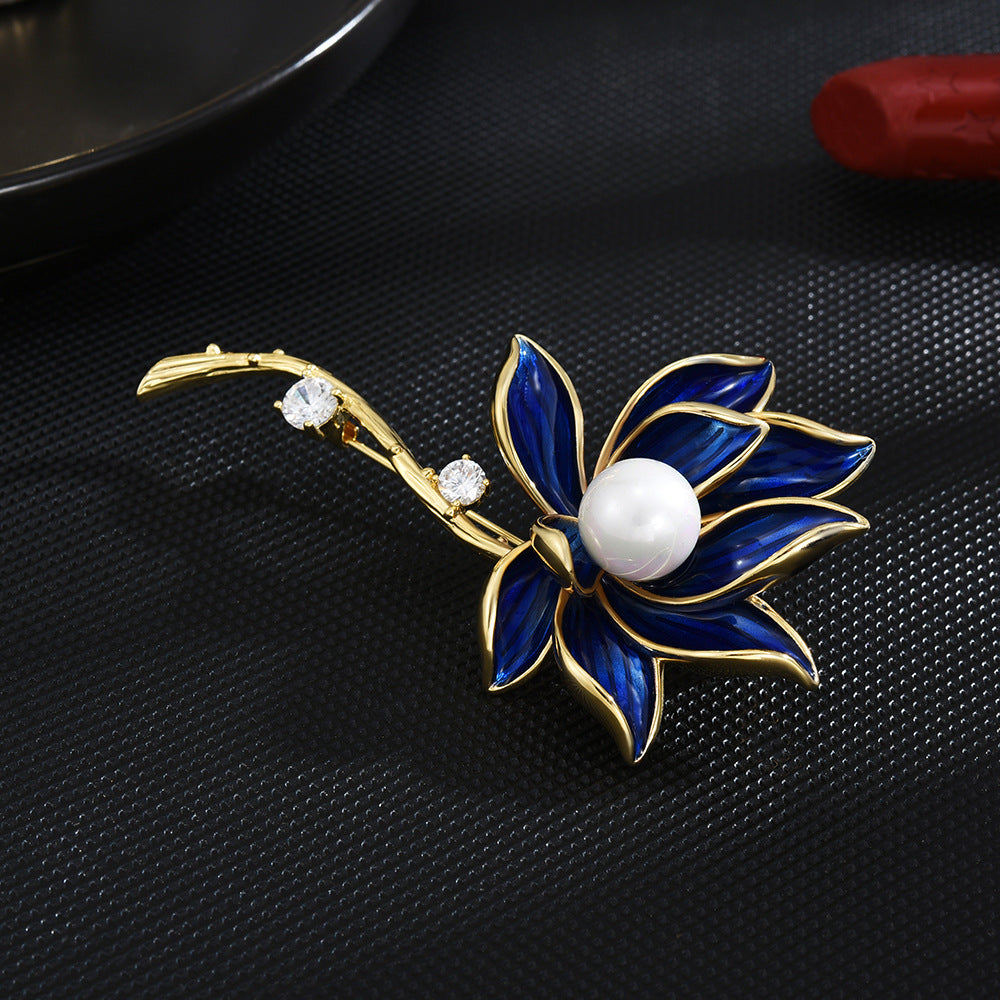 Classic Pearl Blue Lotus Brooch