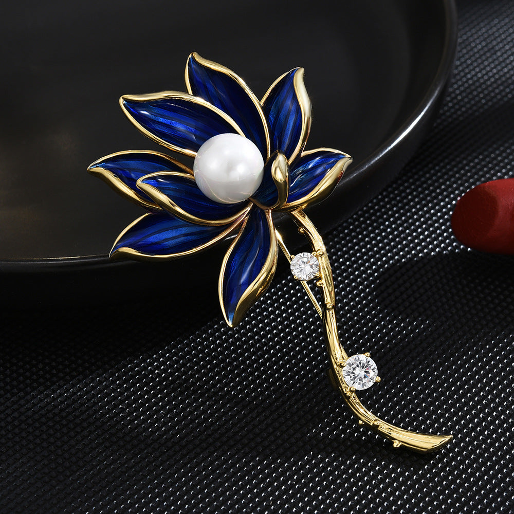 Classic Pearl Blue Lotus Brooch