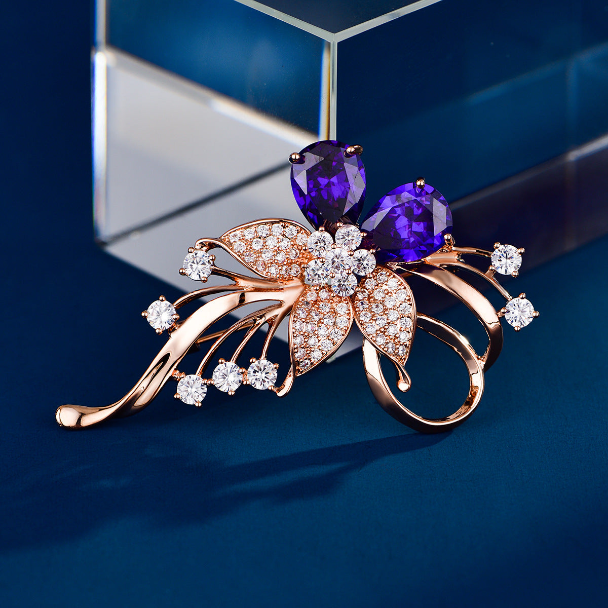 Purple crystal Zircon Flower Brooch