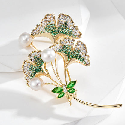 Full Zircon Freshwater Pearl Ginkgo Leaf Brooch