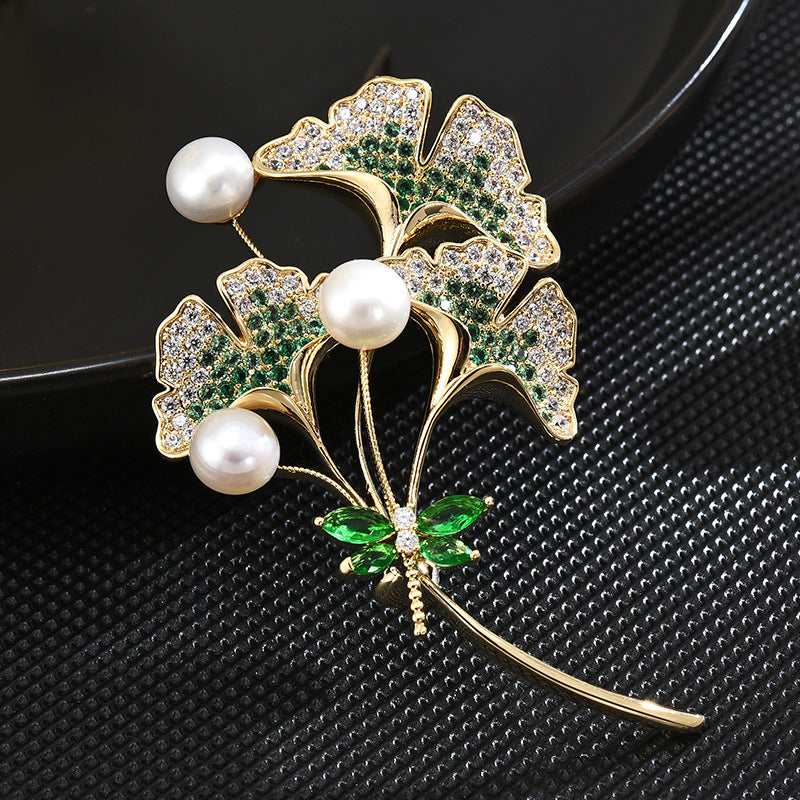 Full Zircon Freshwater Pearl Ginkgo Leaf Brooch