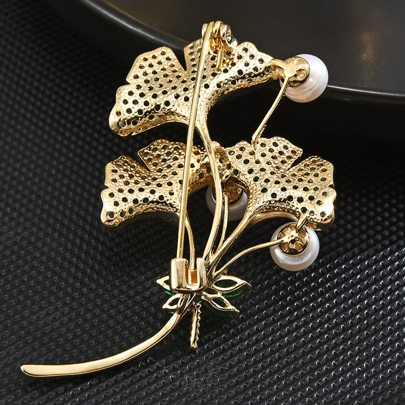 Full Zircon Freshwater Pearl Ginkgo Leaf Brooch