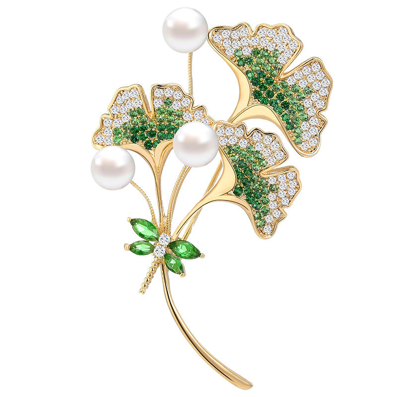 Full Zircon Freshwater Pearl Ginkgo Leaf Brooch