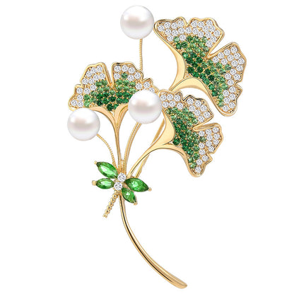 Full Zircon Freshwater Pearl Ginkgo Leaf Brooch