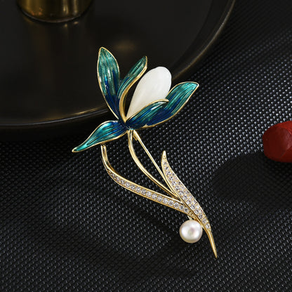 Jade and Pearl Magnolia Brooch