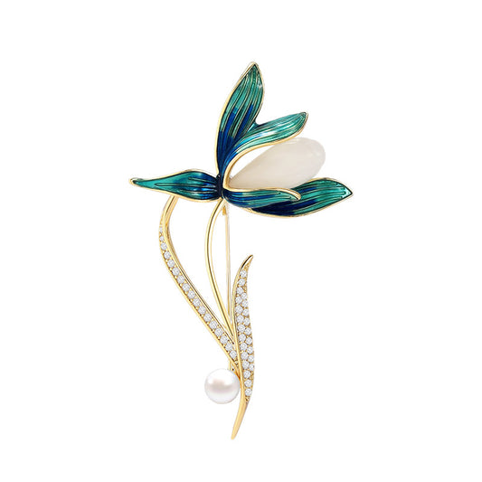 Jade and Pearl Magnolia Brooch