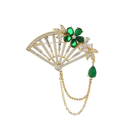 Emerald Bamboo Fan Brooch