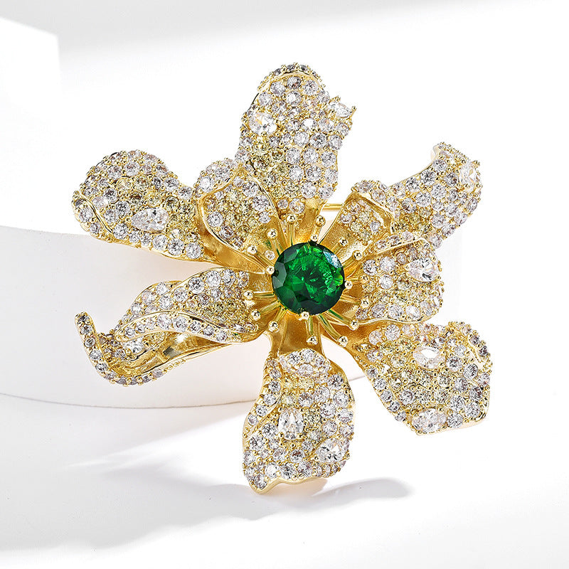 French Diamond Green Flower Brooch