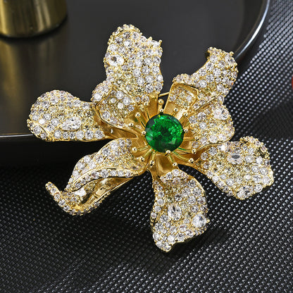 French Diamond Green Flower Brooch