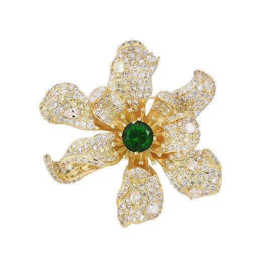 French Diamond Green Flower Brooch