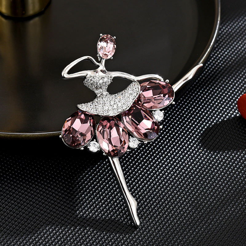 Ballet Dancer Crystal Silver Brooch