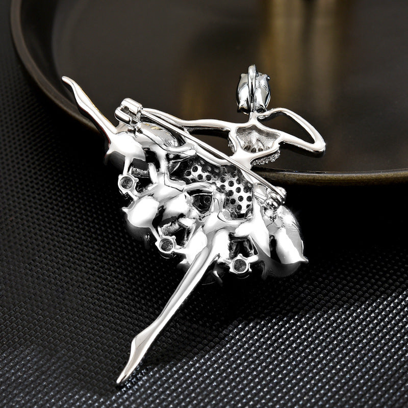 Ballet Dancer Crystal Silver Brooch