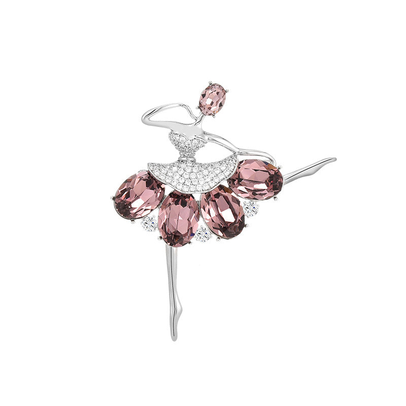 Ballet Dancer Crystal Silver Brooch