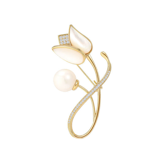 Mother-of-pearl Freshwater Pearl gold Tulip Brooch