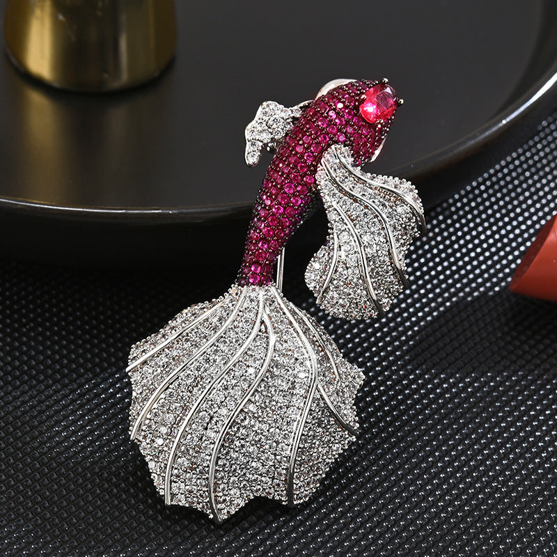 Zirconia Golden Fish Brooch