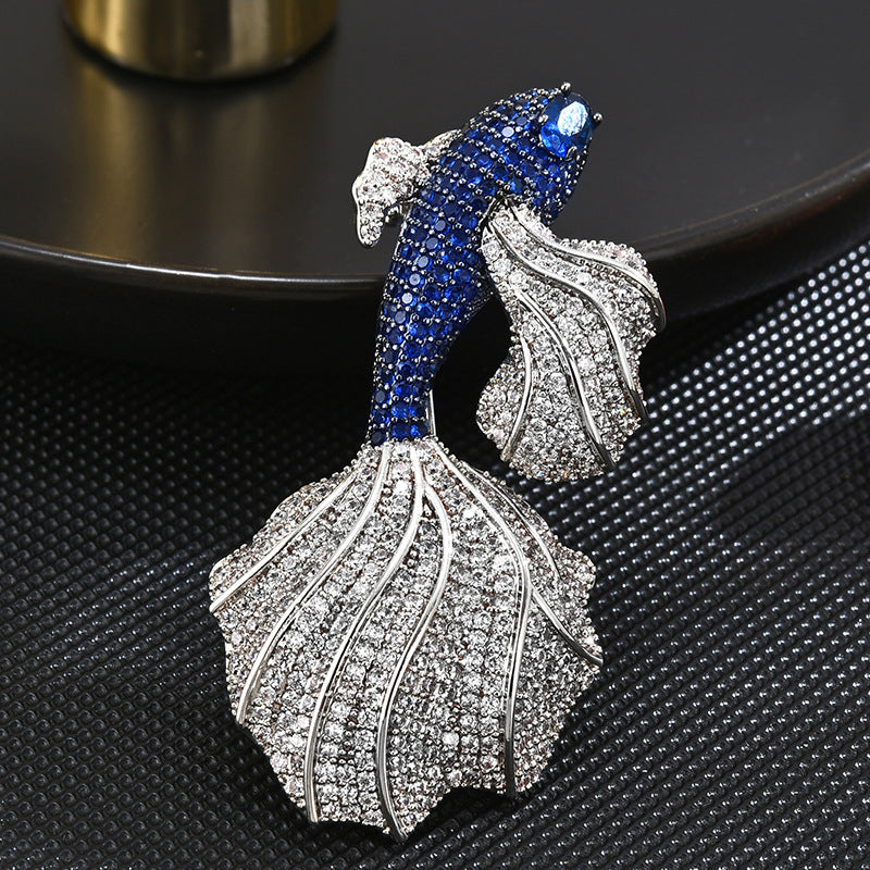 Zirconia Golden Fish Brooch