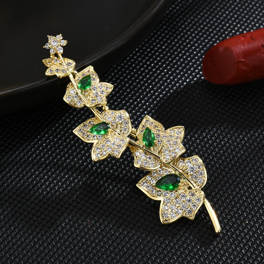 Emerald Maple Leaf Zircon Brooch