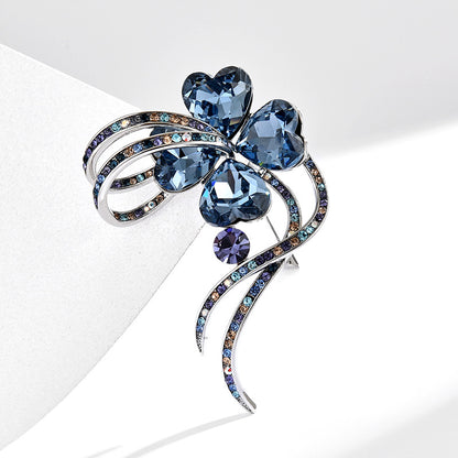 Ribbon Clover Blue Crystal Brooch