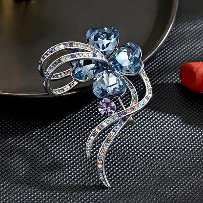 Ribbon Clover Blue Crystal Brooch