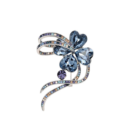 Ribbon Clover Blue Crystal Brooch