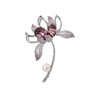 Freshwater Pearl Floral Double Crystal Brooch