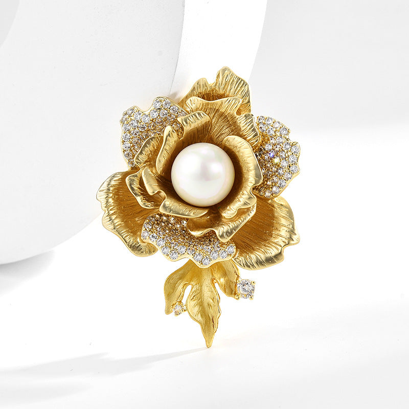 Gold Rose Pearl Brooch