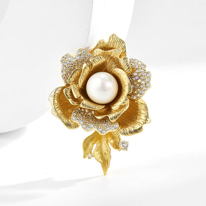 Gold Rose Pearl Brooch