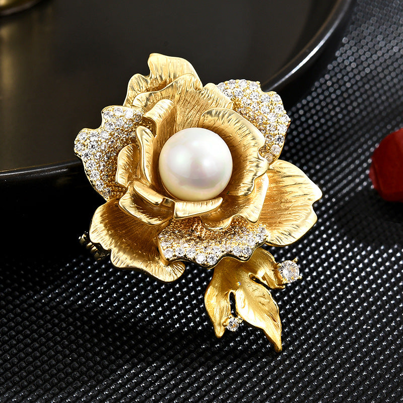 Gold Rose Pearl Brooch