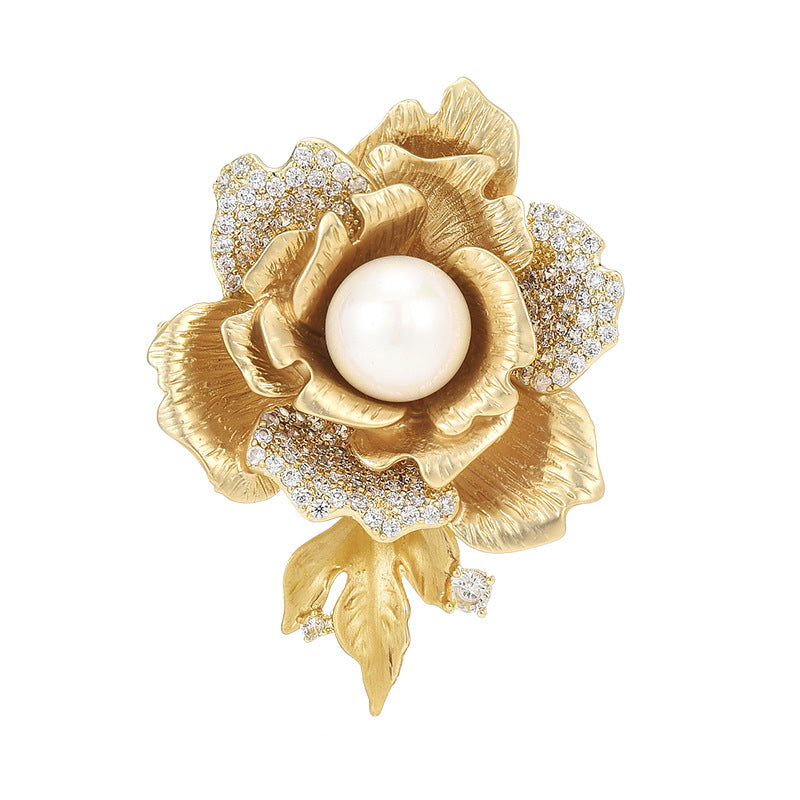 Gold Rose Pearl Brooch