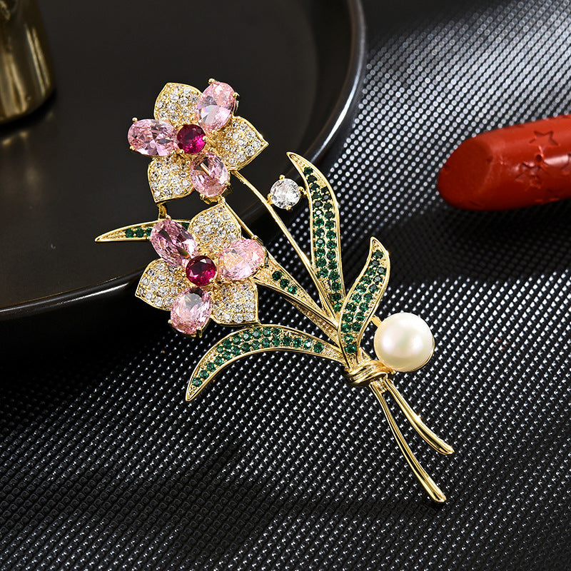 Freshwater Pearl Zircon Flower Brooch