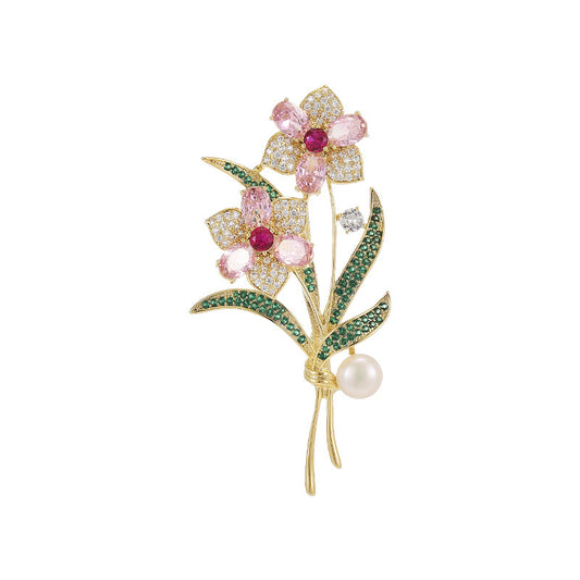 Freshwater Pearl Zircon Flower Brooch