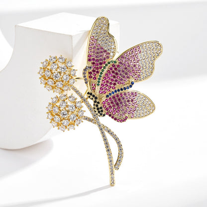 Pink Zircon Flower Dancing Butterfly Brooch