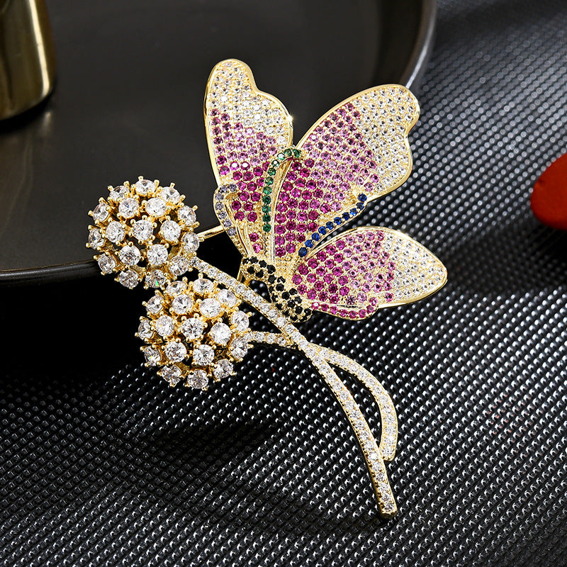 Pink Zircon Flower Dancing Butterfly Brooch