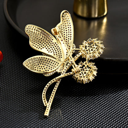 Pink Zircon Flower Dancing Butterfly Brooch