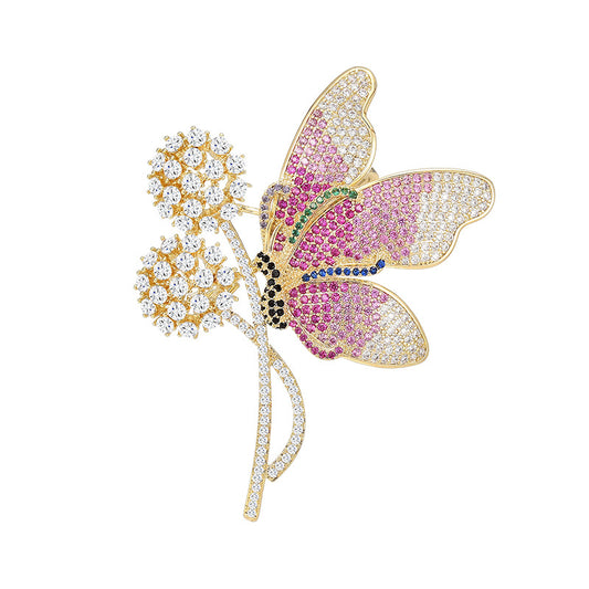 Pink Zircon Flower Dancing Butterfly Brooch