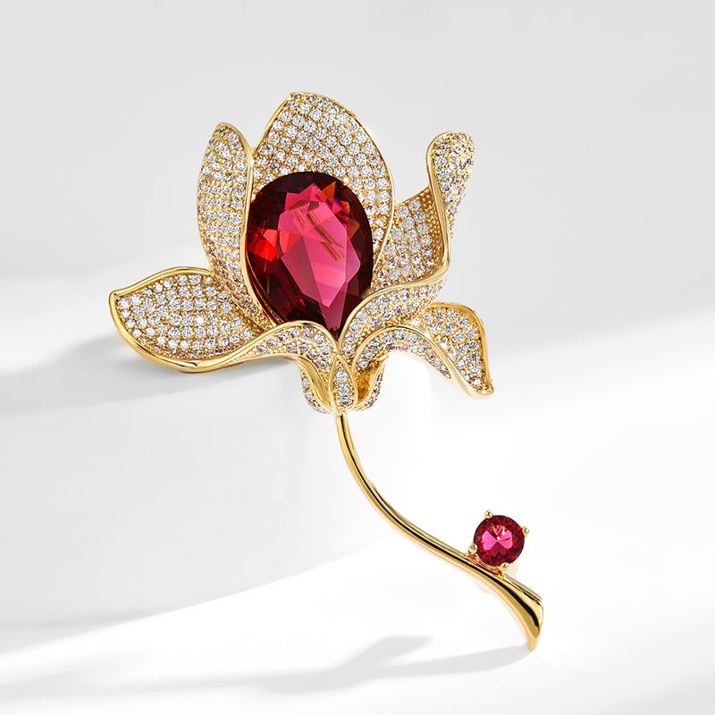 Red Crystal Zirconia Lily Flower Brooch