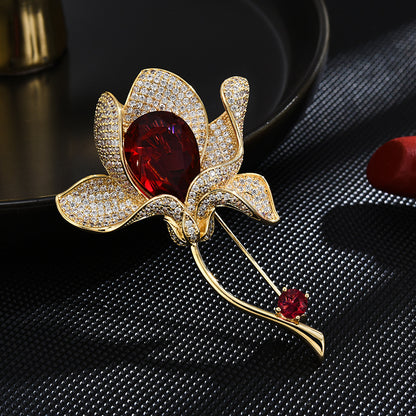 Red Crystal Zirconia Lily Flower Brooch