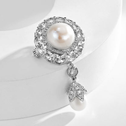 Freshwater Pearl Zircon Round Brooch