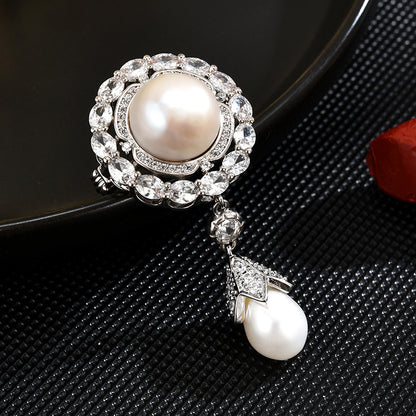 Freshwater Pearl Zircon Round Brooch