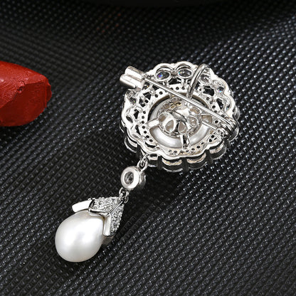 Freshwater Pearl Zircon Round Brooch