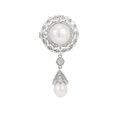 Freshwater Pearl Zircon Round Brooch