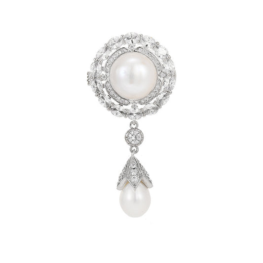 Freshwater Pearl Zircon Round Brooch